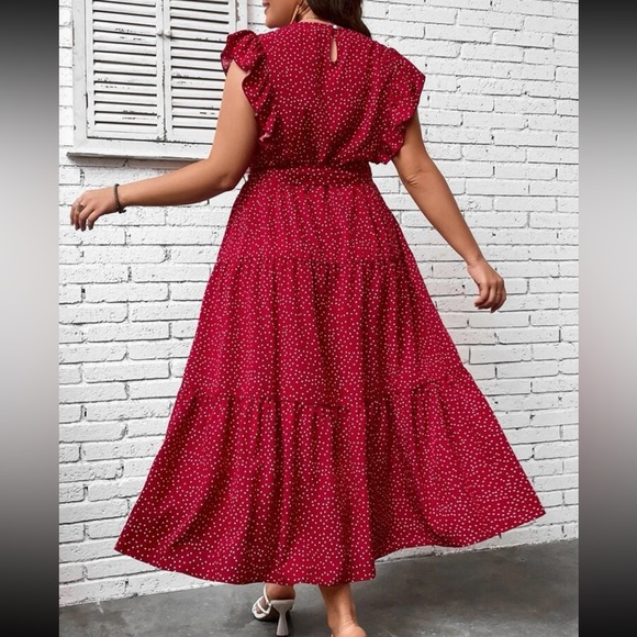 Plus Size Polka Dot Print Butterfly Sleeve Ruffle Hem Belted Dress - Picture 2 of 5
